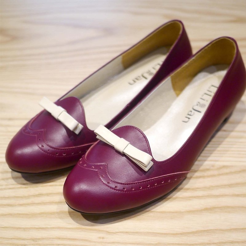 [English] dress Carrefour carved low-heeled shoes _ beige / burgundy (Jinyu 24) - รองเท้าอ็อกฟอร์ดผู้หญิง - หนังแท้ สีแดง