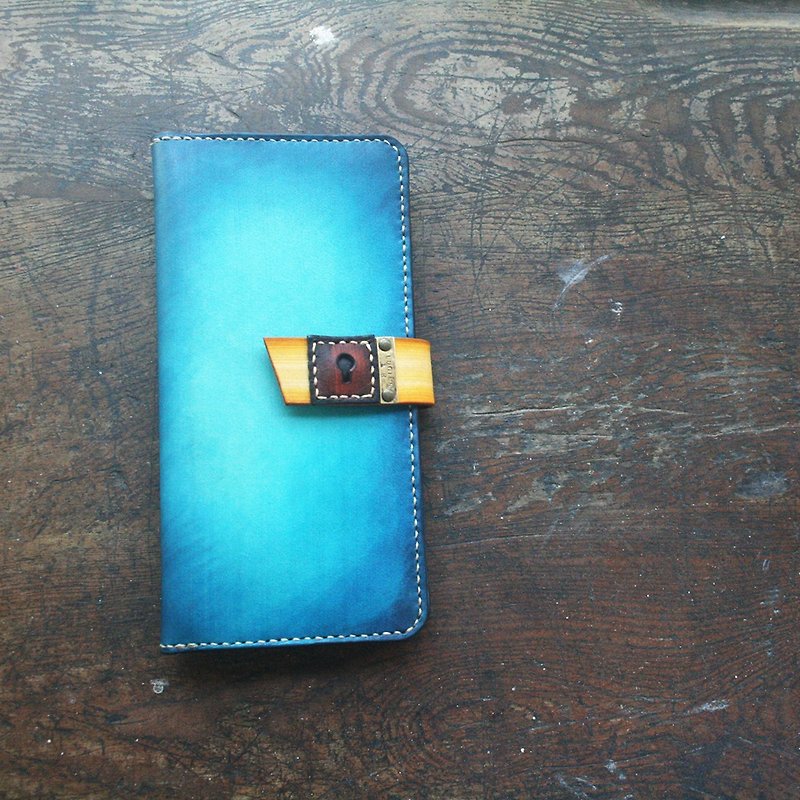 atwill. There is a door in my heart. Handmade native brush color lettering multifunctional leather wallet/bright sapphire blue and yellow - กระเป๋าสตางค์ - หนังแท้ สีน้ำเงิน