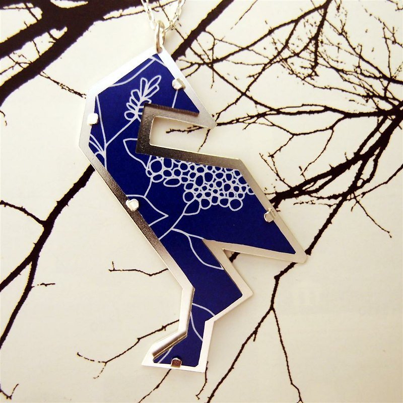 Geometry (origami) Bird Silver long necklace - สร้อยคอ - โลหะ สีน้ำเงิน