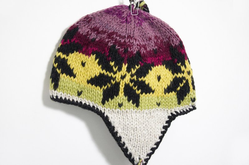 Valentine's Day handmade knitted pure wool hat / manual bristles caps / flight caps / knitting caps / wool cap - purple yellow gradient snowflakes national totem (handmade limited one) - หมวก - วัสดุอื่นๆ หลากหลายสี