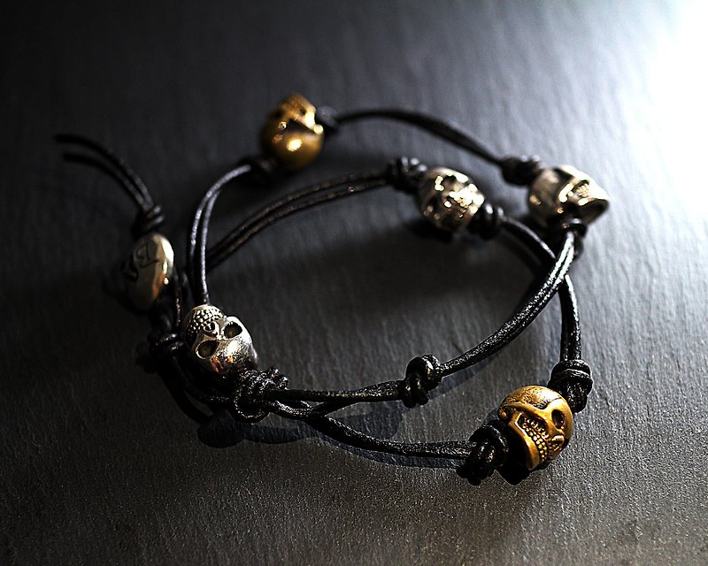 Skull sterling silver double loop leather rope 骷髅 bracelet - Bracelets - Other Metals 
