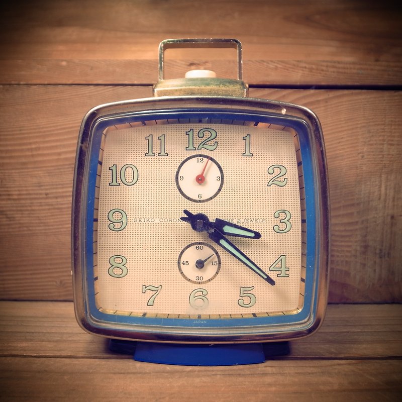 [Bones] Early Japanese SEIKO blue squares mechanical clockwork mechanical clock alarm clock VINTAGE - Clocks - Other Metals Blue