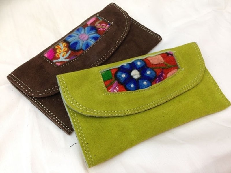 Anti-fur leather mosaic camel embroidery long clip - only brown - Wallets - Genuine Leather Brown
