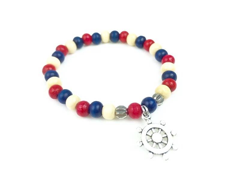 "Red white and blue wooden beads x silver anchor" - Bracelets - Other Materials Multicolor