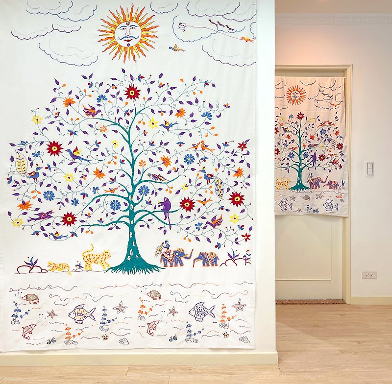 Tree of Life_Daytime_Embroidered Hanging Cloth / Door Curtain_2 Sizes_Fair Trade - โปสเตอร์ - ผ้าฝ้าย/ผ้าลินิน ขาว