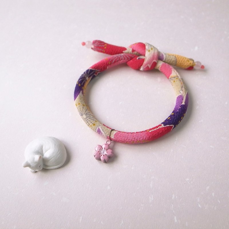 日本犬貓和布頸圈 項圈(單結式)--赤紫+粉櫻花鈴鐺 - 貓狗頸圈/牽繩 - 絲．絹 紫色