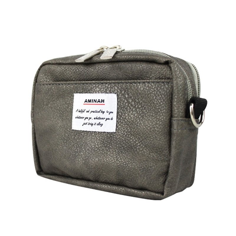 AMINAH-Gray Leather Two-Purpose Small Bag (Small) Waist Bag/Shoulder Bag - กระเป๋าแมสเซนเจอร์ - หนังเทียม สีเทา