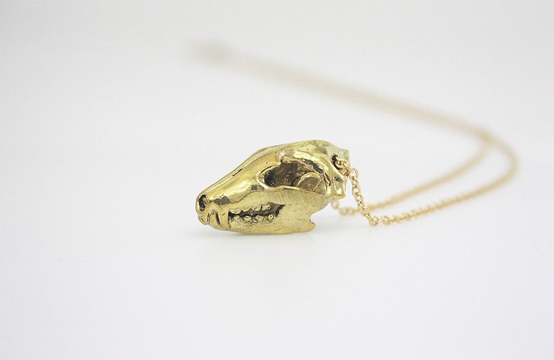 Golden Coyote Head Skull Pendant / Brass Metal Work Wolf Skull Necklace - Necklaces - Other Metals Gold