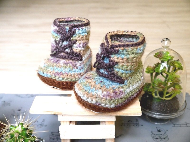 Handmade woven baby shoes ~ handsome boots series (blue-green) - Kids' Shoes - Wool Brown