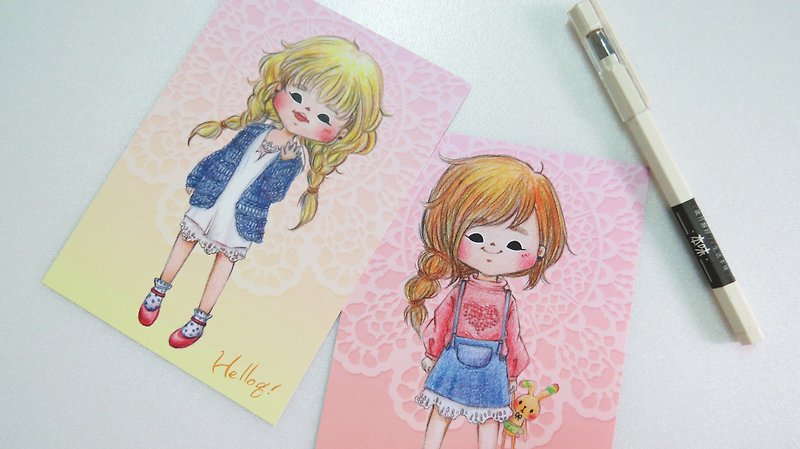 色鉛筆的髮色女孩明信片組(三張一組) - 心意卡/卡片 - 紙 粉紅色