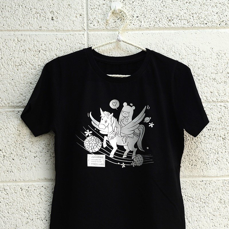 -情人節禮物-【幸福獨角獸(女孩兒)】情侶裝/短袖T-shirt - 女 T 恤 - 棉．麻 黑色