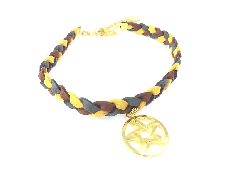 Coffee yellow three-color gray suede necklace - Golden Star logo - สร้อยคอ - หนังแท้ สีเหลือง