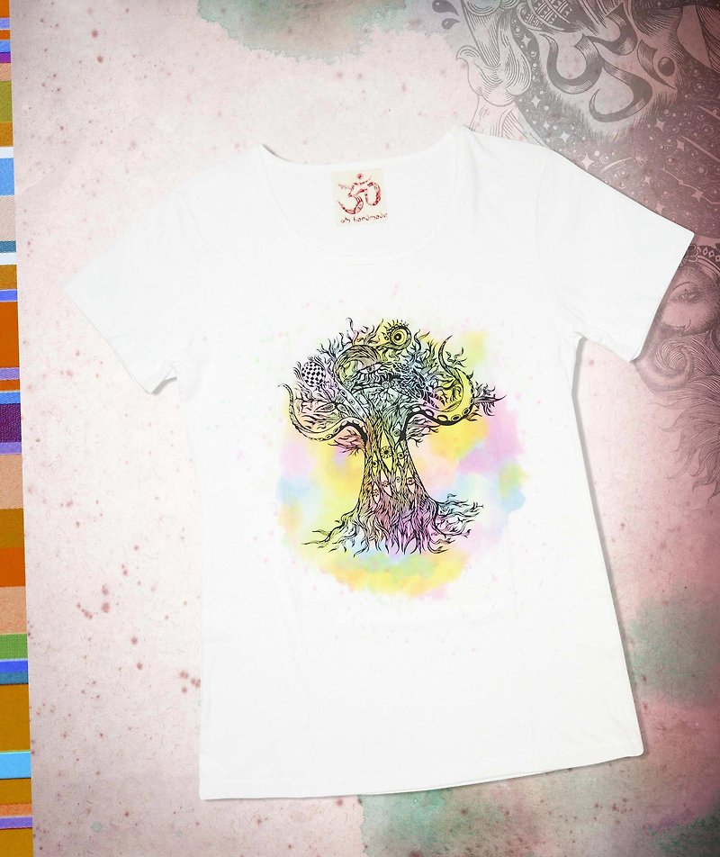 Feel Summer Watercolor Colorful Travel T-Thailand Crazy Tree (Watercolor) - เสื้อยืดผู้หญิง - ผ้าฝ้าย/ผ้าลินิน ขาว