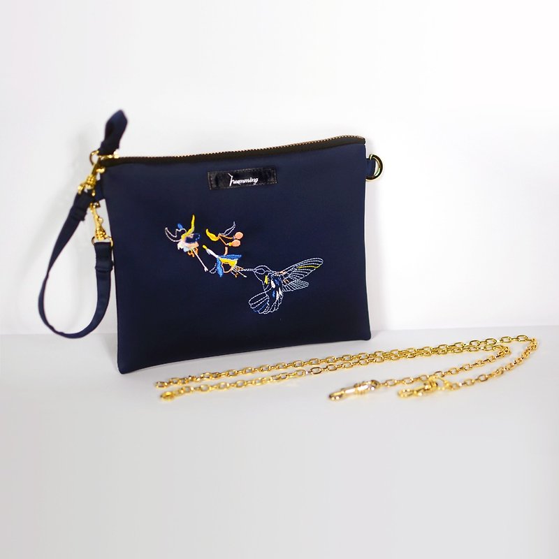 humming- invisible hummingbird Embroidery Bag <Dual Embroidery chain bag> - กระเป๋าแมสเซนเจอร์ - วัสดุอื่นๆ สีน้ำเงิน