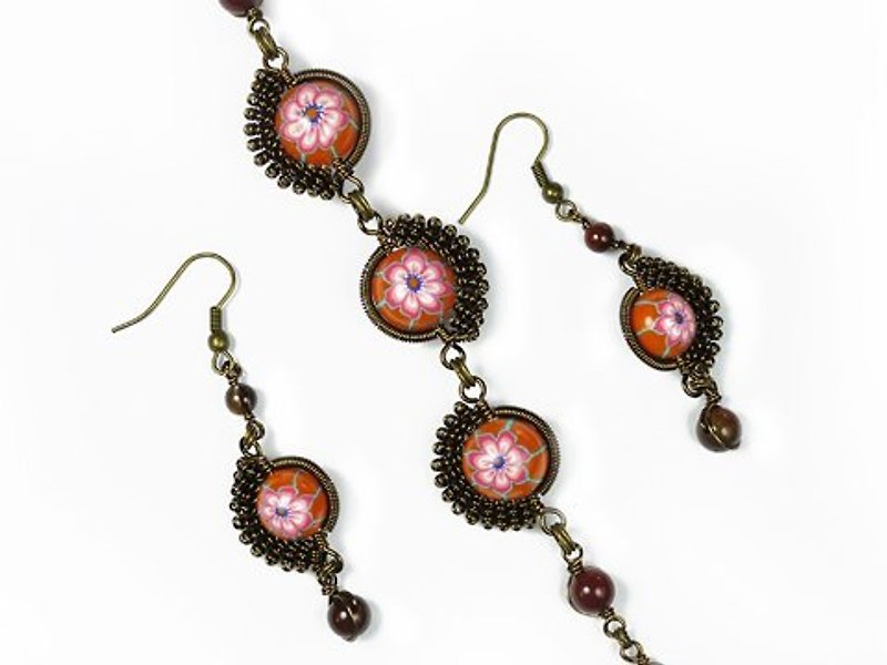 Deep orange polymer clay wire knitting bracelets & amp; earrings - Bracelets - Gemstone 