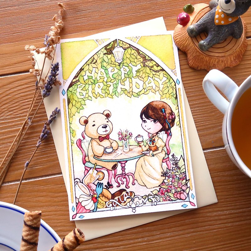 【Pin】Tea Party with Bear│Print│Birthday card with envelope at your choice - Cards & Postcards - Paper Multicolor