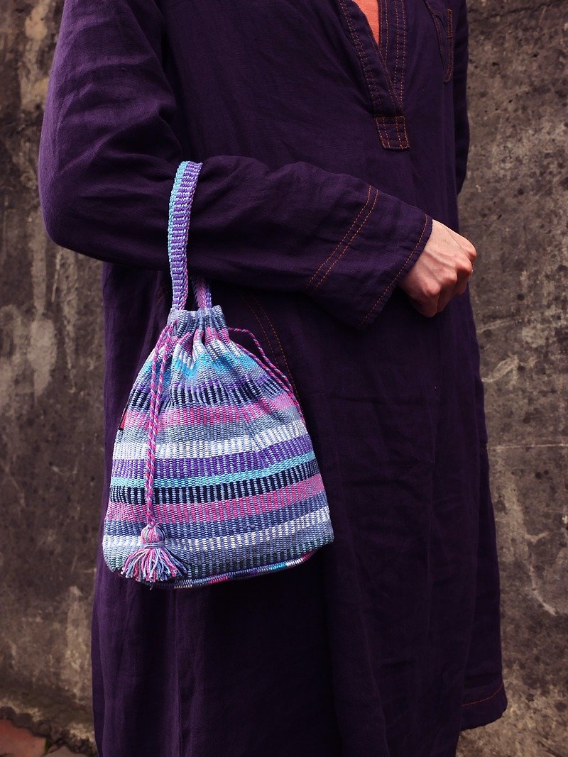 【Grooving the beats】Handmade Hand Woven String Pouch / Draw String Bag / Hand Bag（Light Purple） - Handbags & Totes - Other Materials Purple