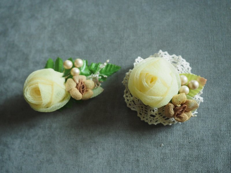 Hand made seersucker yellow rose wedding hand corsage - Brooches - Other Materials Yellow