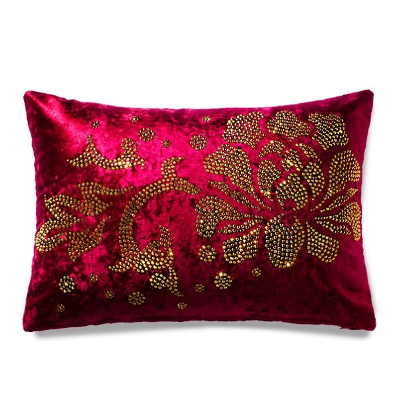 【GFSD】Rhinestone Boutique-Peony Golden Flower Satin Waist Pillow - Pillows & Cushions - Other Materials Red