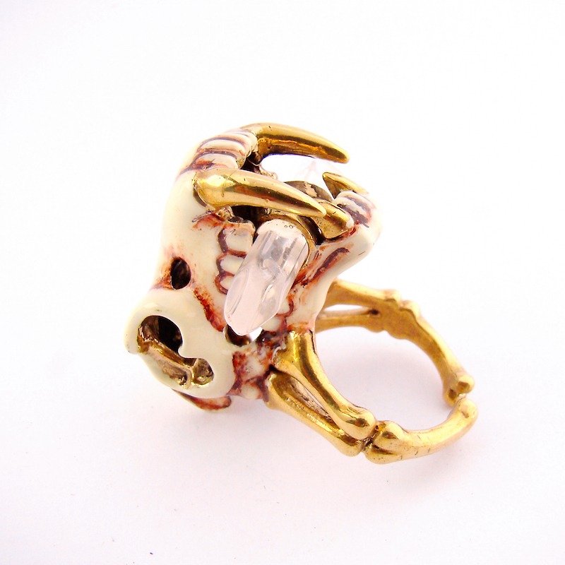 Realistic Saber tooth skull ring with clear quartz stone and oxidized antique color - General Rings - Other Metals 