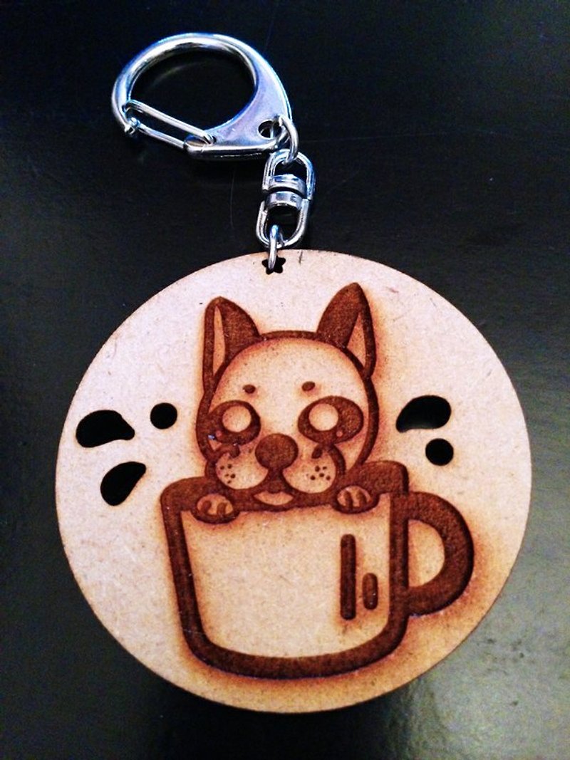 JokerMan-小狗餅乾木質鑰匙圈-泡咖啡的法鬥【可客製】 - 吊飾 - 木頭 咖啡色