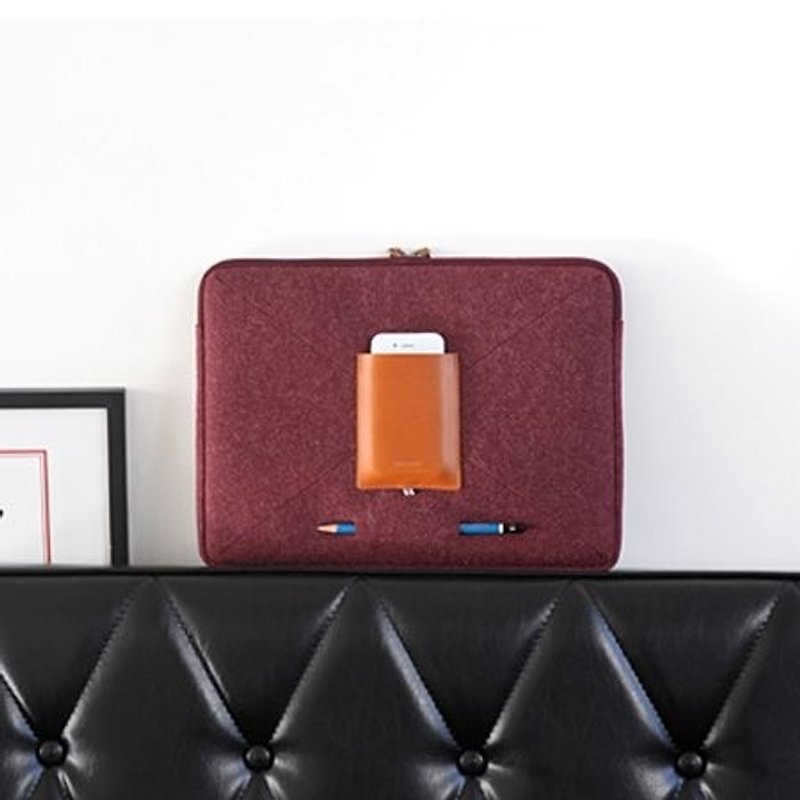 Dessin x Indigo- texture felt V.2-15 inch computer bag - burgundy, IDG00523 - กระเป๋าแล็ปท็อป - วัสดุอื่นๆ สีแดง