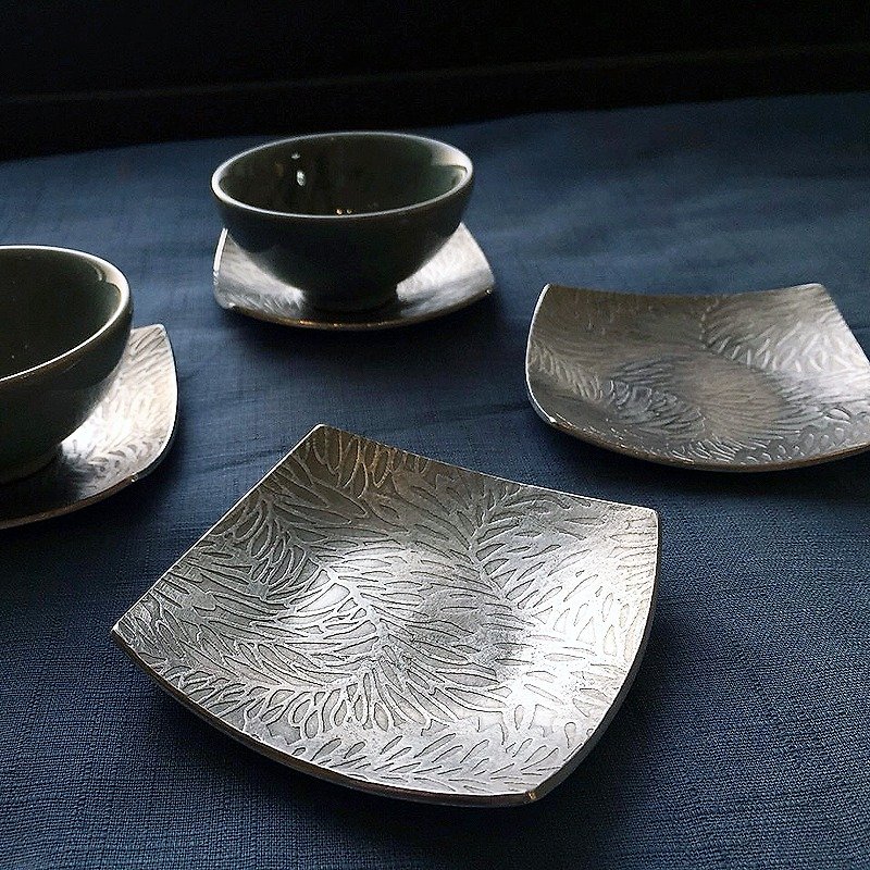 Decorated square solid tin cup holder/small shallow dish/one~Handmade poems, poetry tea series! - ถ้วย - โลหะ 