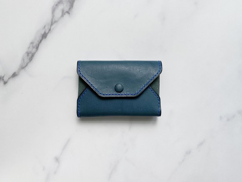 Hand-stitched vintage blue double color block leather card coin purse - กระเป๋าใส่เหรียญ - หนังแท้ สีน้ำเงิน