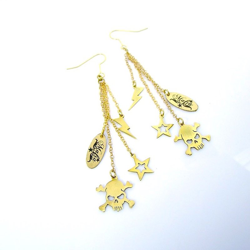 Skull Star Thunder earring in brass hand sawing - Earrings & Clip-ons - Other Metals 