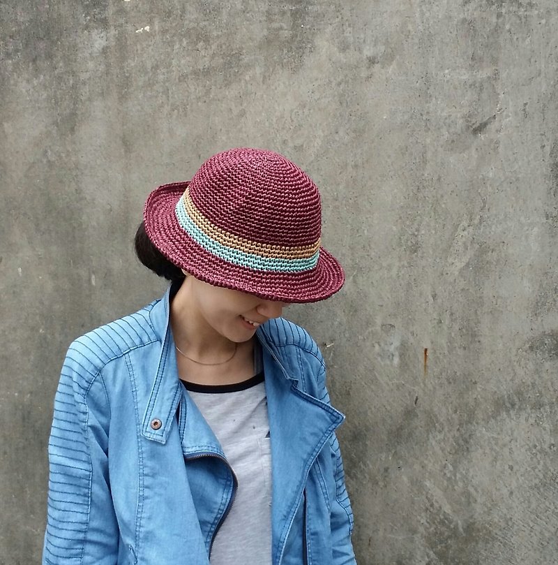 Straw hat - fuchsia - หมวก - ผ้าฝ้าย/ผ้าลินิน สีม่วง