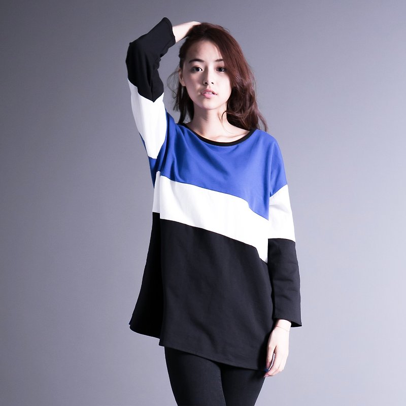 SUMI Combination rebirth of black and white stitching blue shirt _4AF003_ - Women's Tops - Cotton & Hemp Blue