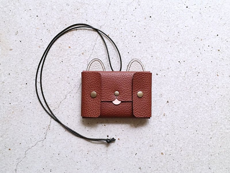 Hand-stitched leather coffee French dog double-open card change ID bag holder - ID & Badge Holders - Genuine Leather Brown