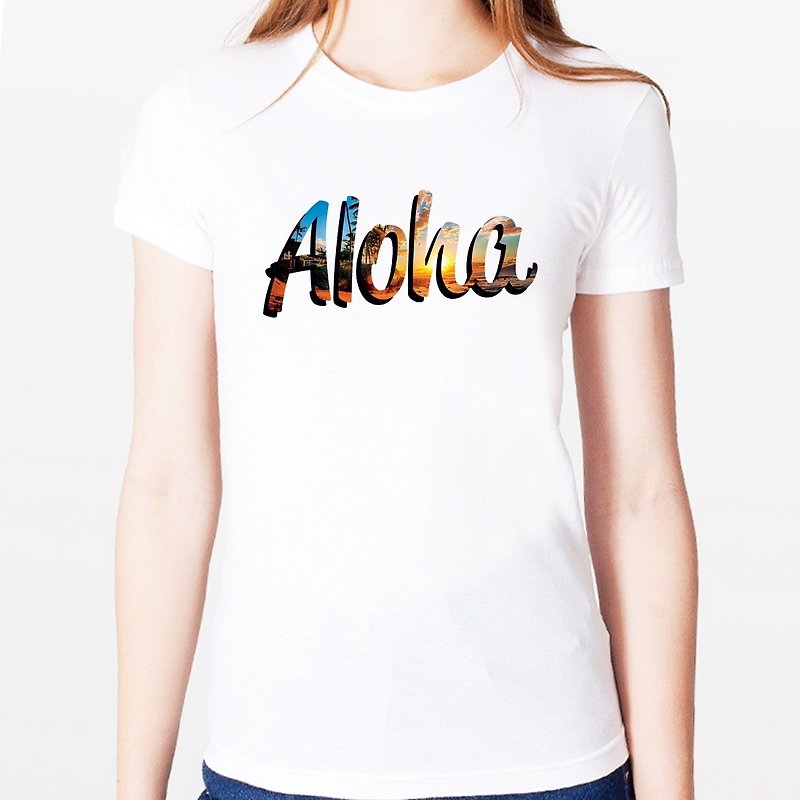 ALOHA-HAWAIIAN 女生短袖T恤-白色 夏威夷 夏天 設計 相片 文字 攝影 - 女 T 恤 - 其他材質 白色