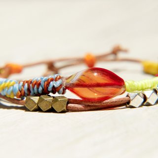 / Tropical Ocean / British Glazed Glass Silk Wax Thread + Real Leather Bracelet-Red Candy