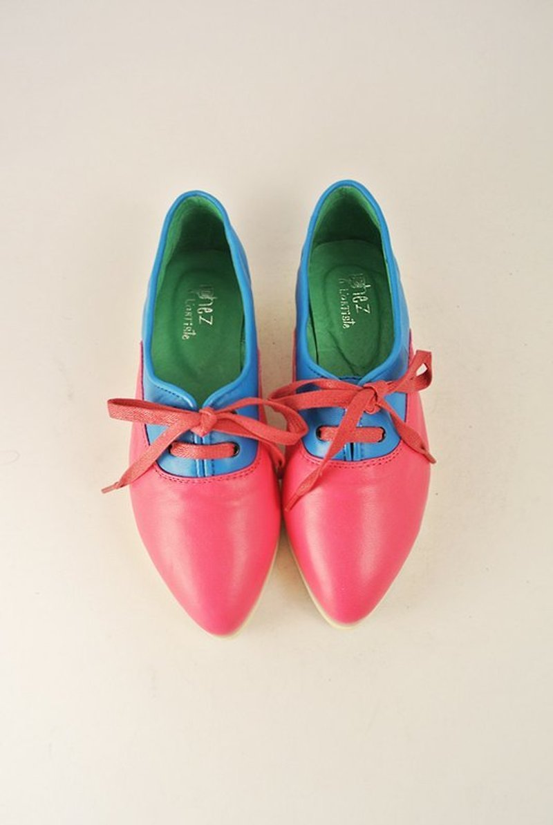 喜洋洋彩色筆。12入。綁帶雙拼色尖頭平底 (藍+紅) - Women's Casual Shoes - Genuine Leather Pink