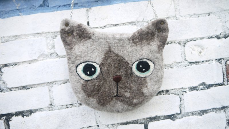 [Music and more sheep wool felt paradise] slave kitty cat messenger bag hand-made limited edition - Messenger Bags & Sling Bags - Wool Gray