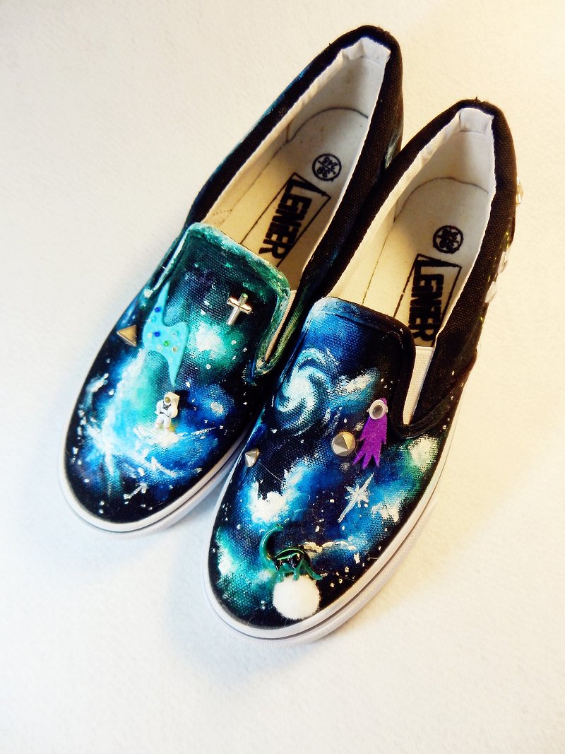 god leading hand-made - [hand-painted shoes] transform the universe of people in space monsters Draws journey of a small universe wo ni wa described ♪ hand painted shoes painted ki ma si - Women's Casual Shoes - Other Materials Blue