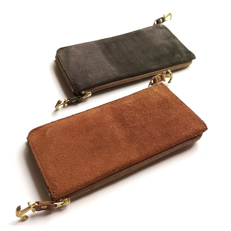 Rub leather & suede zipper plant long wallet - Japanese Shenglin company's leather goods brand Damasquina- - Wallets - Genuine Leather Black