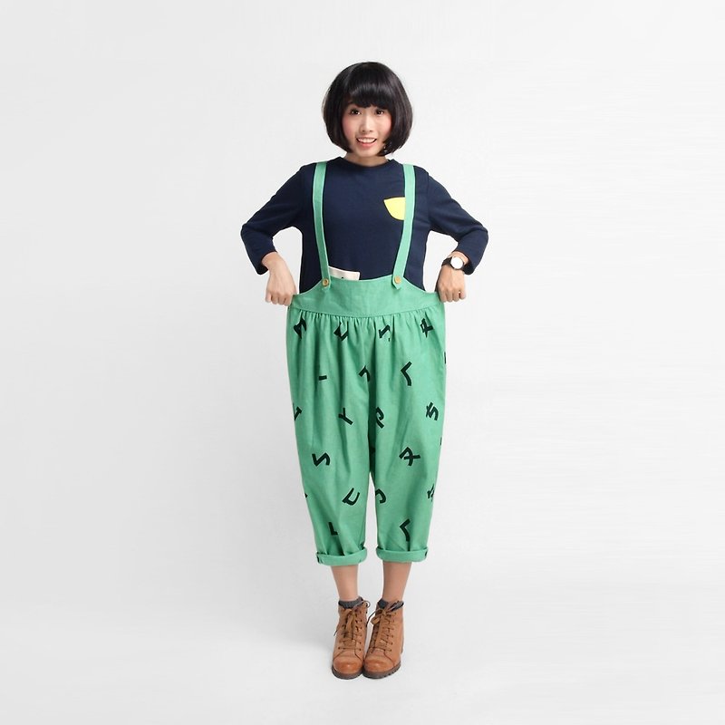 【HEYSUN】Taiwanese secret word /Bopomofo/ phonetic symbols screen printing overalls - Women's Pants - Other Materials Green