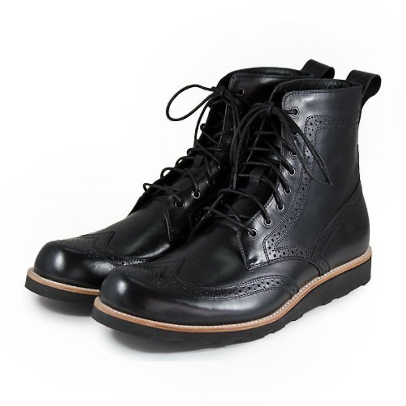 Sweet Villians M1128 手工真皮雕孔高筒靴 黑色 - 男款靴/短靴 - 真皮 黑色