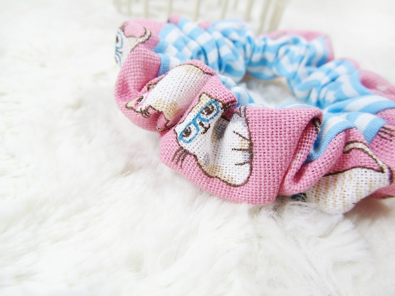 Hand made small hair scrunchy- Cute cats wearing glasses - Hair Accessories - Other Materials Pink