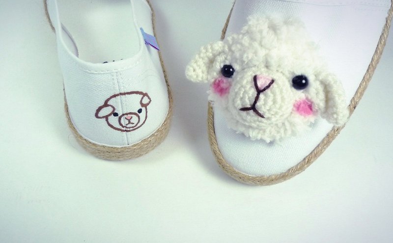 White cotton canvas hand made shoes, sheep and sheep models have a woven section - รองเท้าลำลองผู้หญิง - วัสดุอื่นๆ ขาว