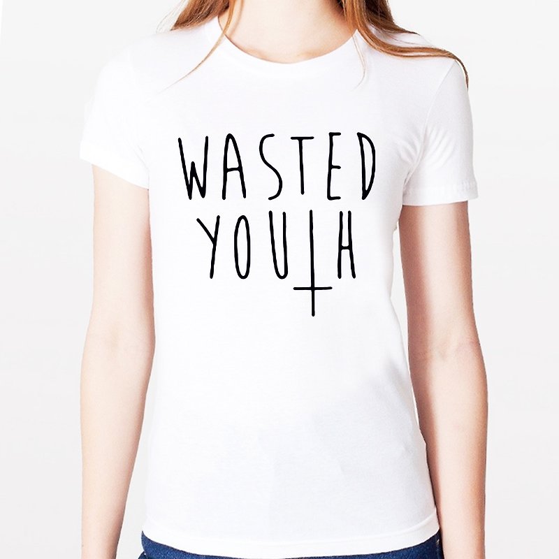 WASTED YOUTH #2 Girls short-sleeved T-shirt -2 color text beard beard retro glasses Wenqing art design fashionable - Women's T-Shirts - Other Materials Multicolor