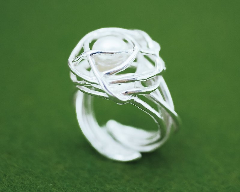 Birds Nest ring - Free size ring - pearl ring - organic design ring - แหวนทั่วไป - เงิน สีเงิน