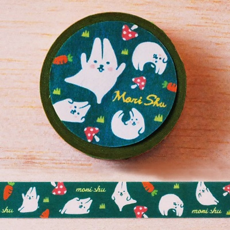 Mori shu Japan Masking Tape Mochi Rabbit and Mushroom - มาสกิ้งเทป - กระดาษ สีเขียว