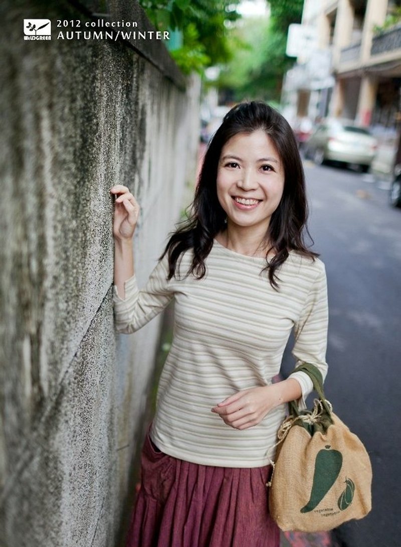 Yelu Organic Colored Cotton Women's Striped 8-point Sleeves - Women's T-Shirts - Cotton & Hemp Khaki