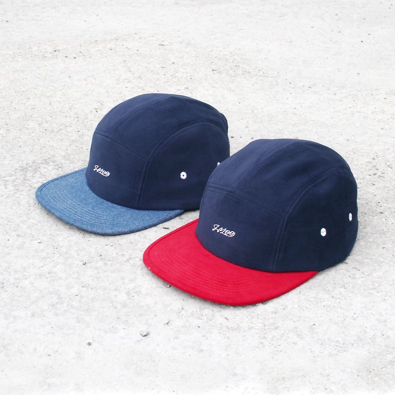 棉．麻 帽子 藍色 - 雙色五分割帽 - 單寧x深藍、紅x深藍