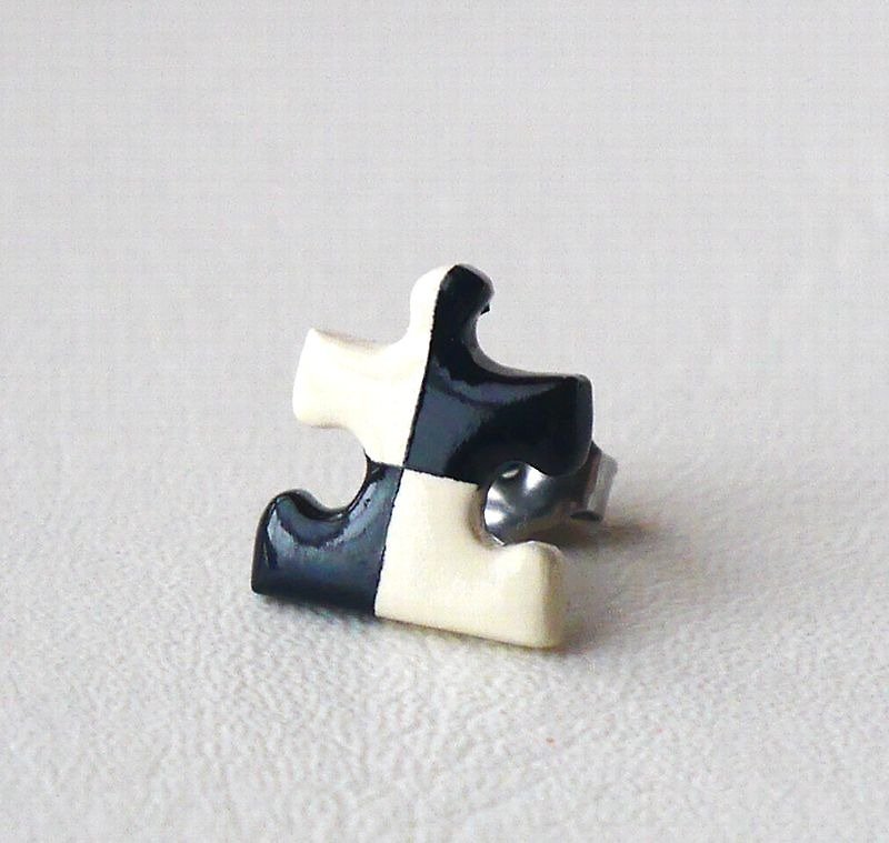 一片拼圖 西洋棋盤 - 耳環/耳夾 - 塑膠 黑色