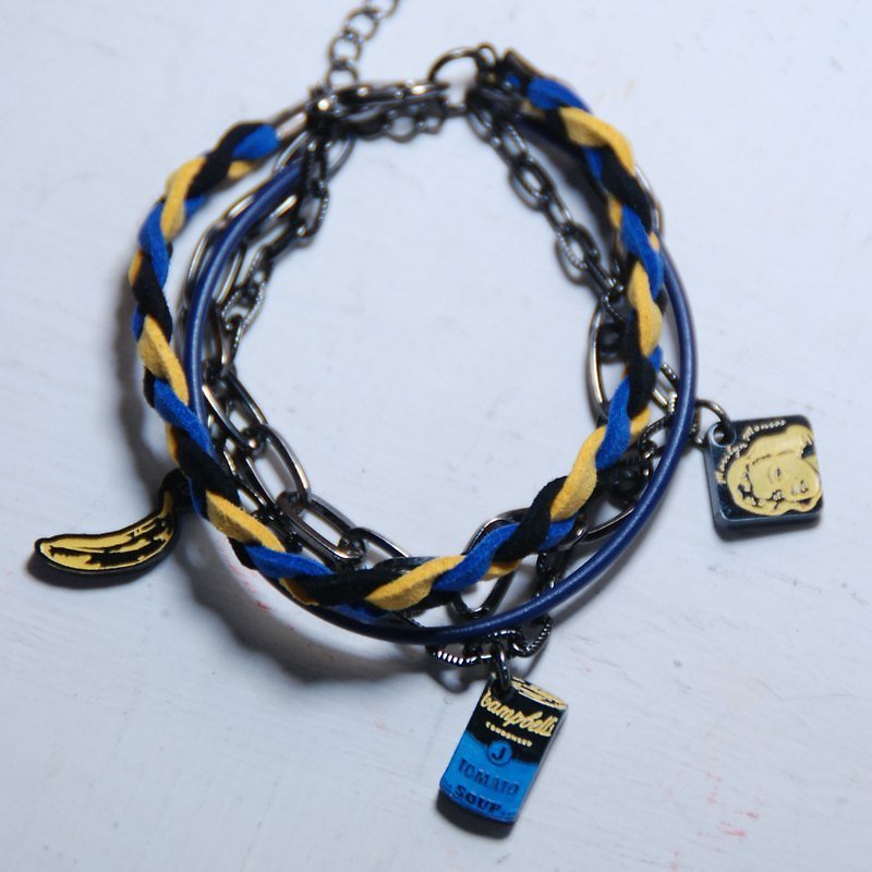 安迪沃荷風/濃湯罐/瑪麗蓮夢露/香蕉/黑藍黃編繩搭配多層次手鍊 - สร้อยข้อมือ - พลาสติก สีน้ำเงิน