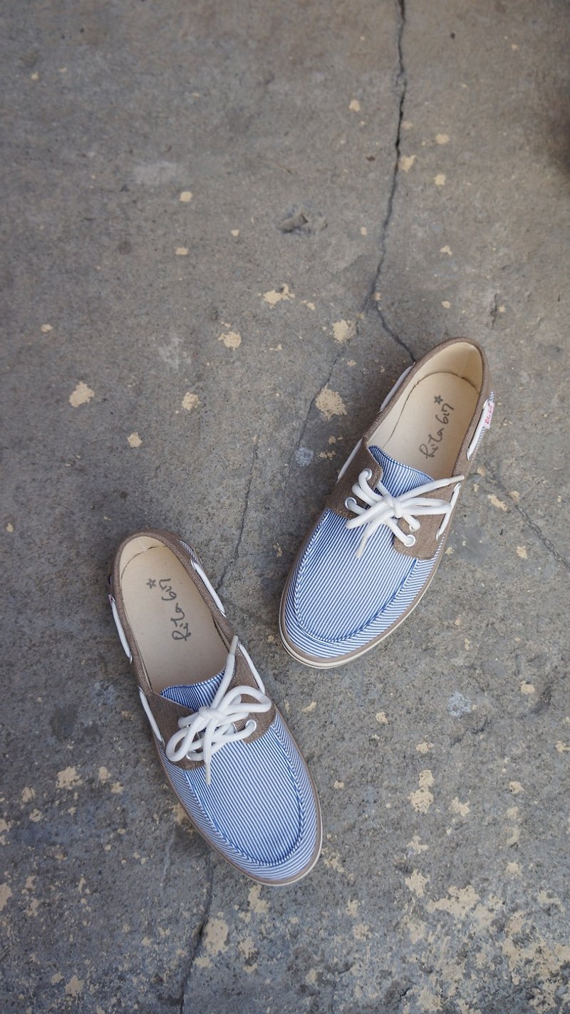 Rita617 stripe boat shoes (sky blue) - รองเท้าลำลองผู้หญิง - ผ้าฝ้าย/ผ้าลินิน สีน้ำเงิน